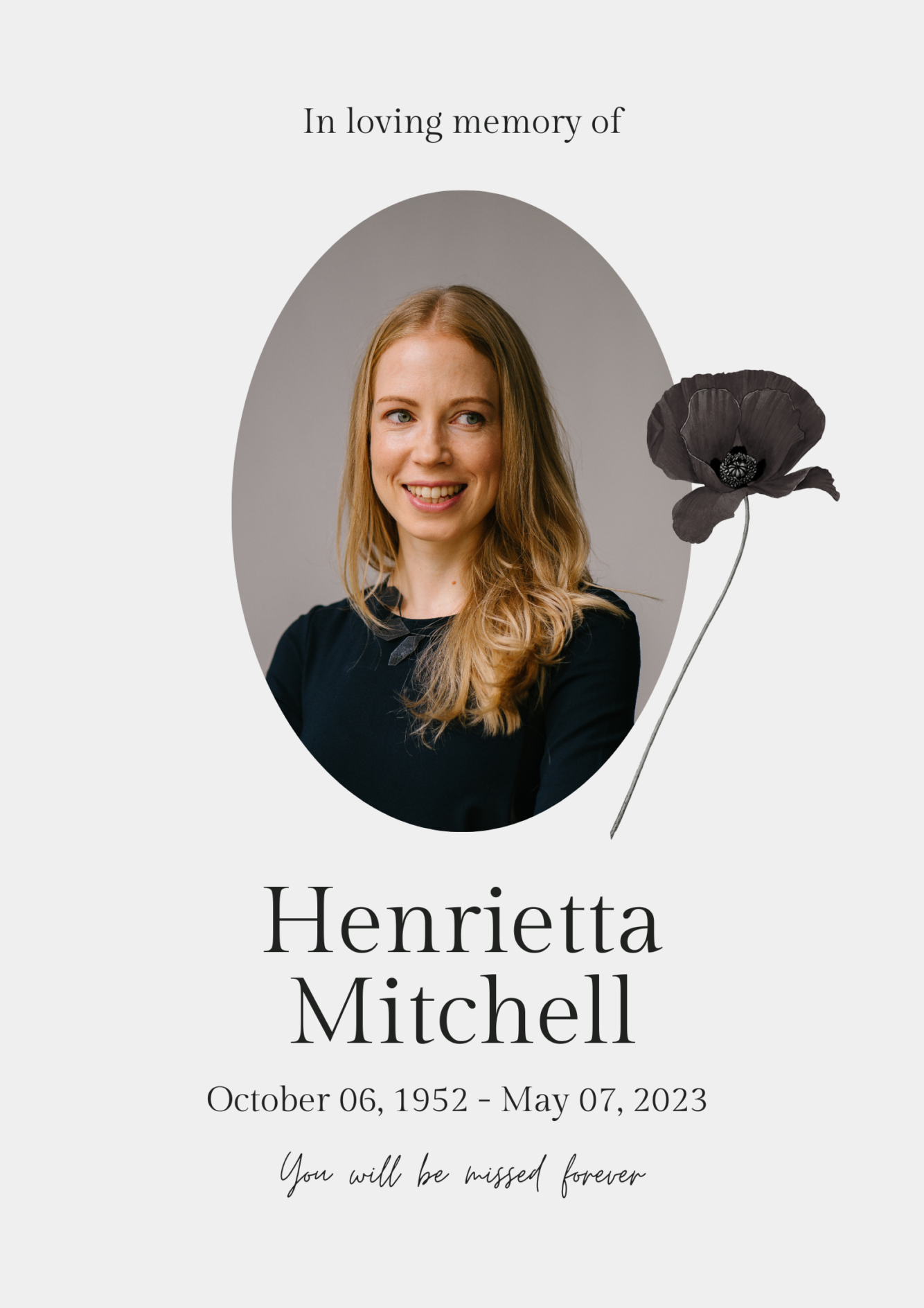 Gray Elegant Oval memorial card design with a framed portrait