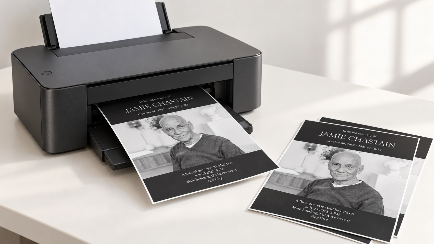 Memorial program coming out of a home printer beside finished copies